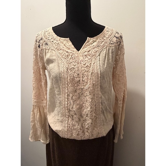 Westport Womens Cream Lace Boho Blouse Long Bell Sleeve Split Neck Top Small - Picture 2 of 10